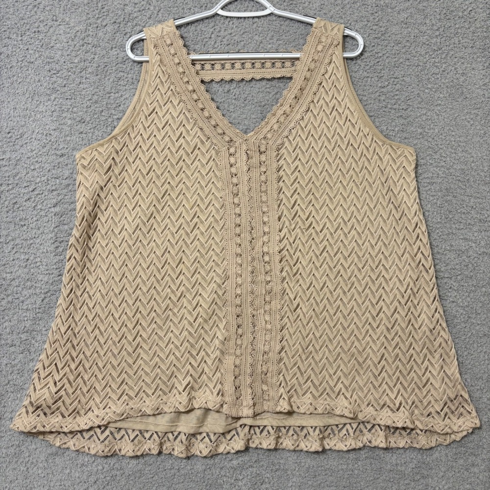 Boho Crochet Tank Top Flowy Neutral Layering Sleeveless 1X Tan Chevron V-Neck